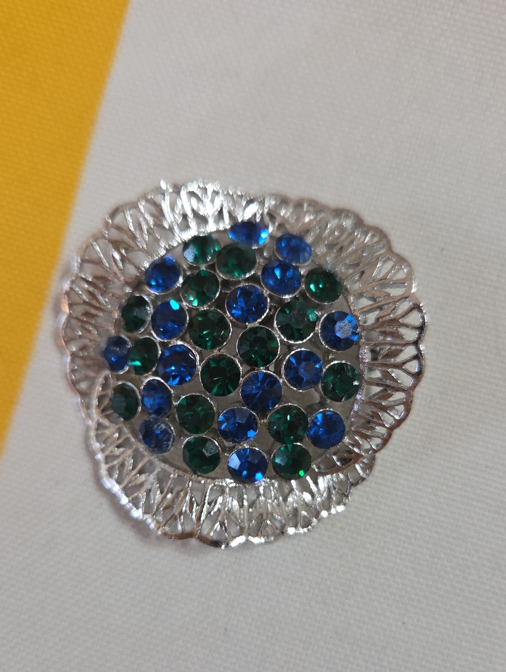 Antique Silver Filigree Brooch with Blue and Green Rhinestones